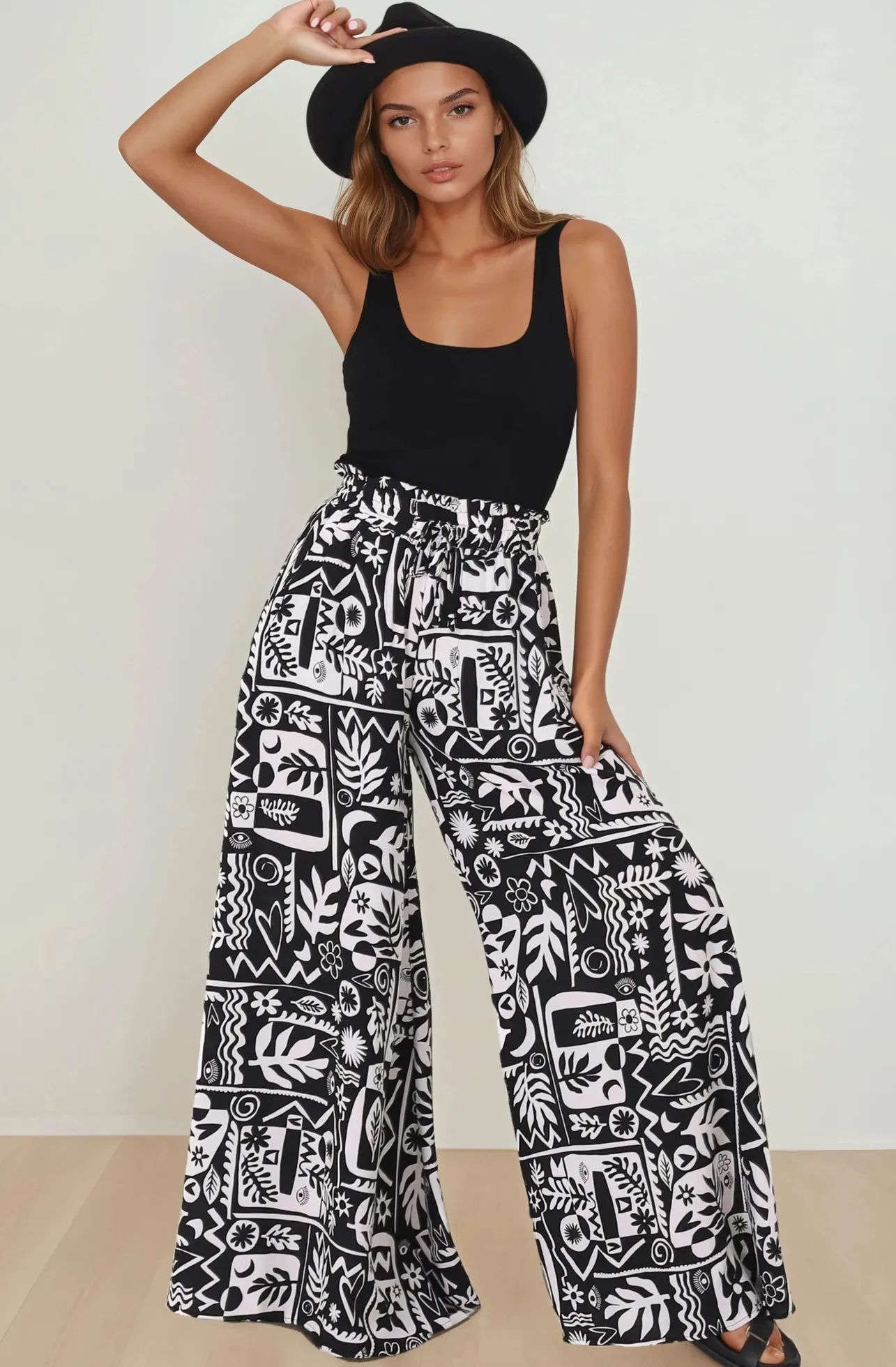 Ashora Pants - Paper Bag High Waisted Wide Leg Pants with Black & White Graphic Print>Salty Crush Sale