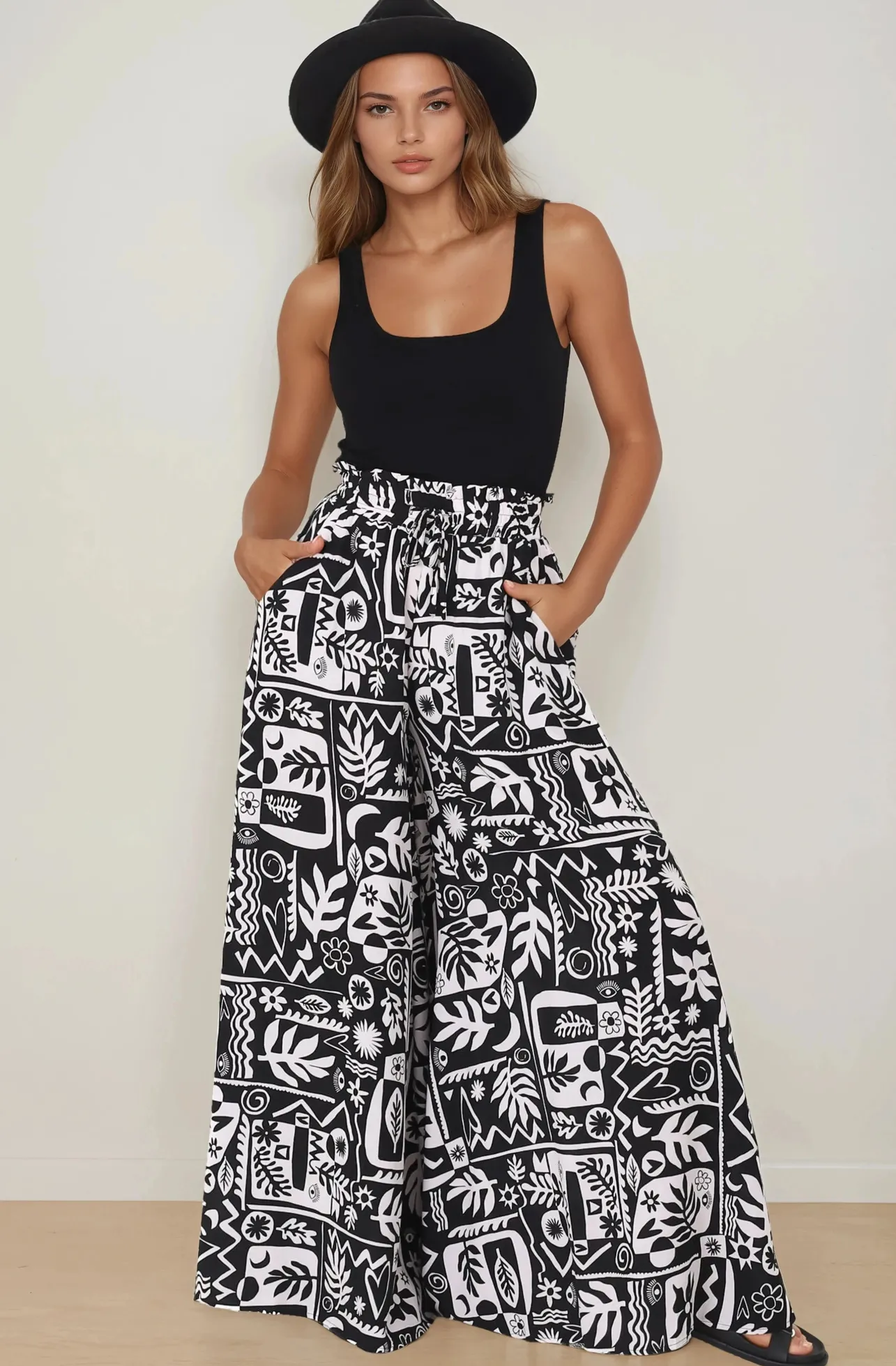 Ashora Pants - Paper Bag High Waisted Wide Leg Pants with Black & White Graphic Print>Salty Crush Sale