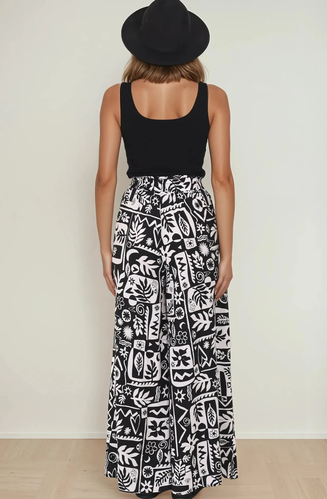 Ashora Pants - Paper Bag High Waisted Wide Leg Pants with Black & White Graphic Print>Salty Crush Sale