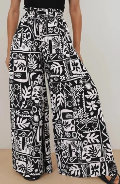 Ashora Pants - Paper Bag High Waisted Wide Leg Pants with Black & White Graphic Print><noscript><img width=