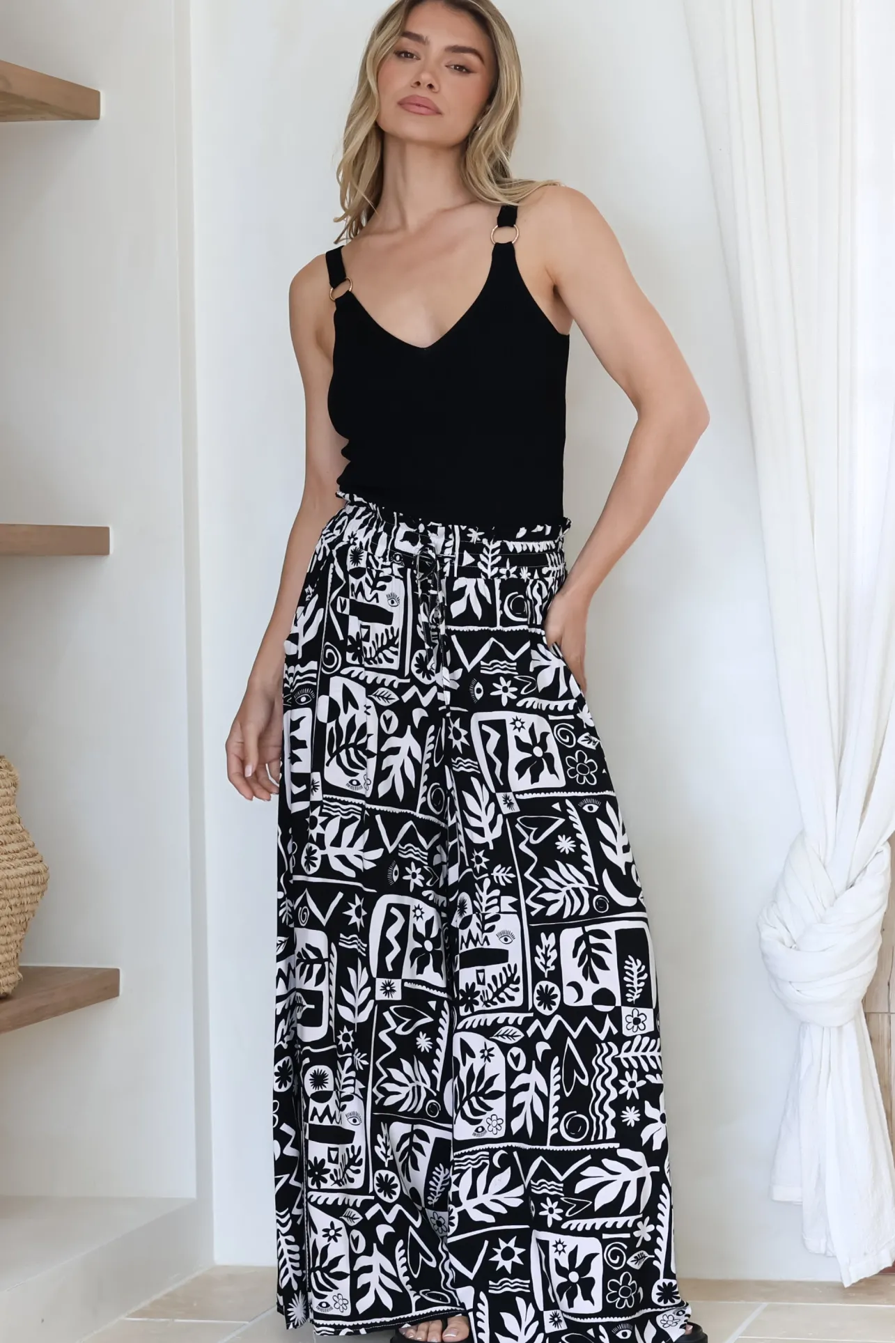 Ashora Pants - Paper Bag High Waisted Wide Leg Pants with Black & White Graphic Print>Salty Crush Sale