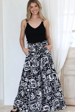 Ashora Pants - Paper Bag High Waisted Wide Leg Pants with Black & White Graphic Print><noscript><img width=