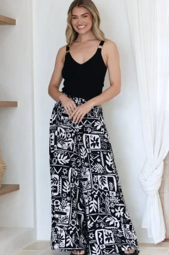 Ashora Pants - Paper Bag High Waisted Wide Leg Pants with Black & White Graphic Print><noscript><img width=