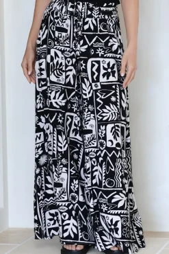 Ashora Pants - Paper Bag High Waisted Wide Leg Pants with Black & White Graphic Print><noscript><img width=