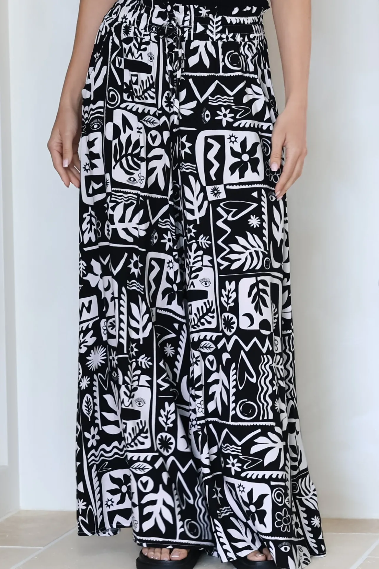 Ashora Pants - Paper Bag High Waisted Wide Leg Pants with Black & White Graphic Print>Salty Crush Sale