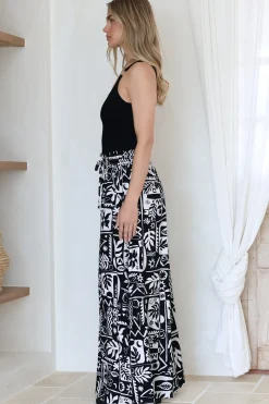 Ashora Pants - Paper Bag High Waisted Wide Leg Pants with Black & White Graphic Print><noscript><img width=