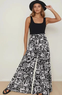 Ashora Pants - Paper Bag High Waisted Wide Leg Pants with Black & White Graphic Print><noscript><img width=