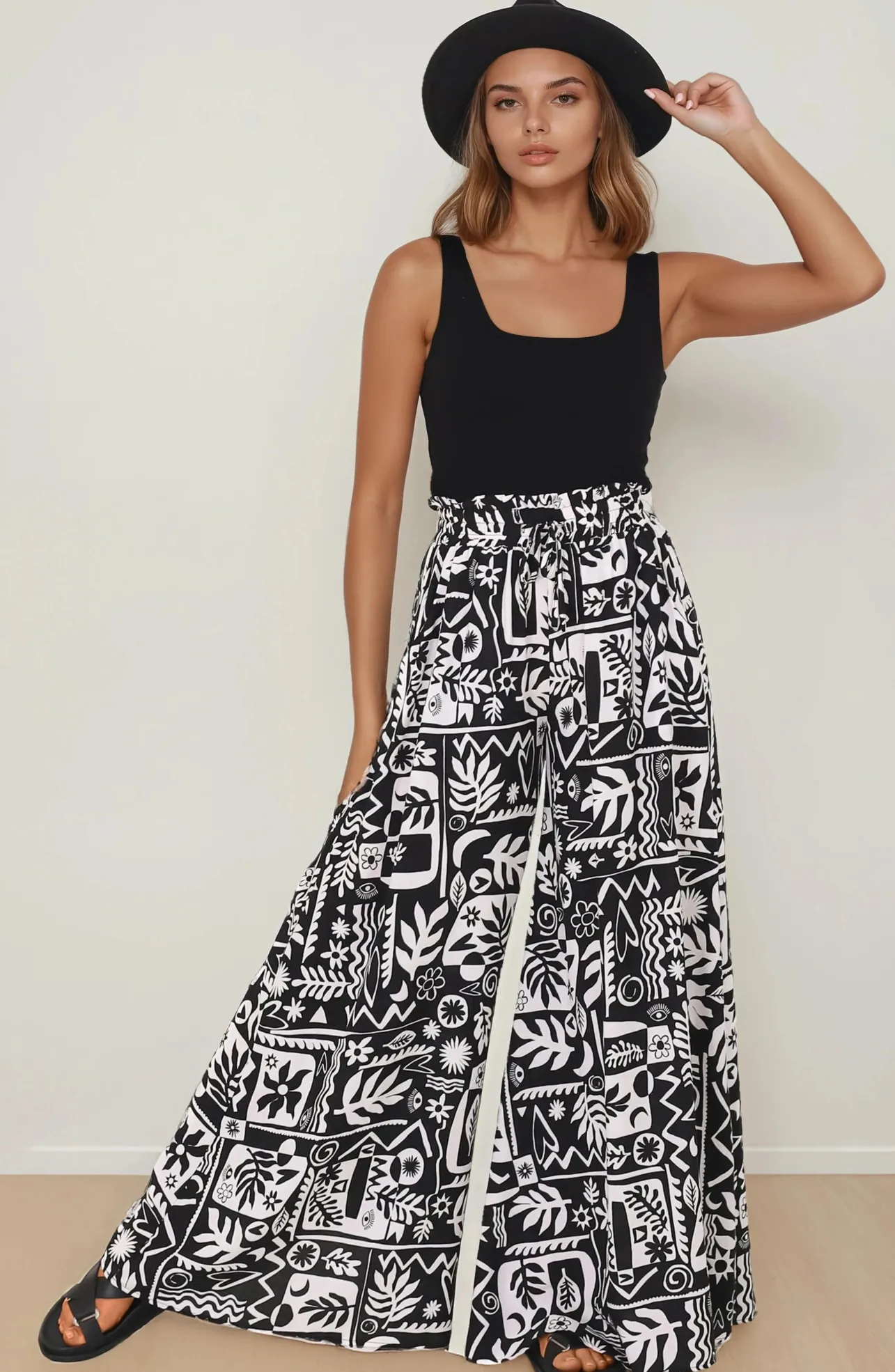 Ashora Pants - Paper Bag High Waisted Wide Leg Pants with Black & White Graphic Print>Salty Crush Sale