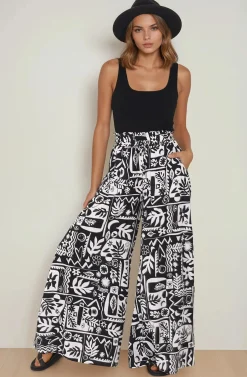 Ashora Pants - Paper Bag High Waisted Wide Leg Pants with Black & White Graphic Print><noscript><img width=