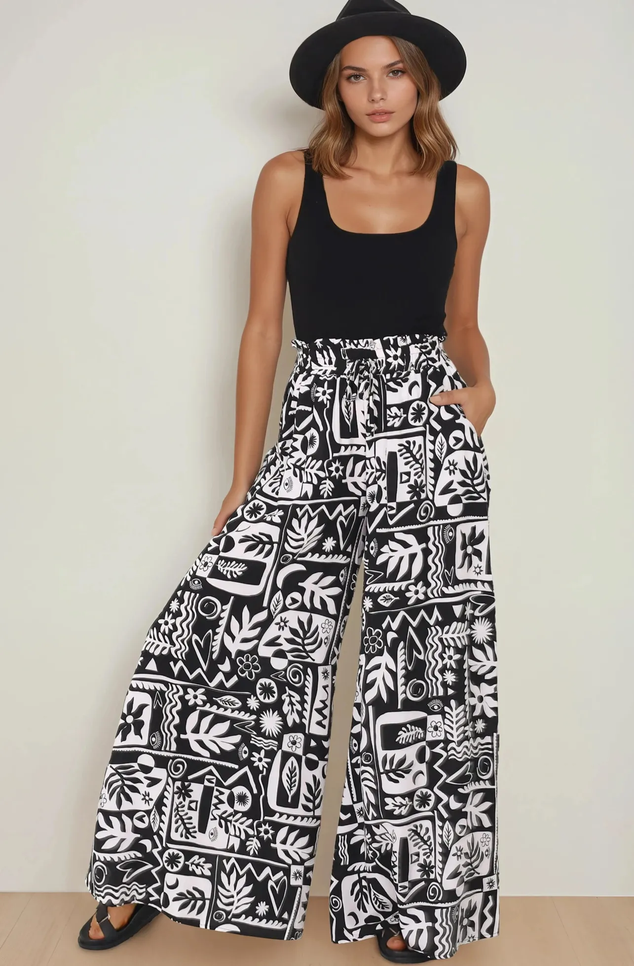 Ashora Pants - Paper Bag High Waisted Wide Leg Pants with Black & White Graphic Print>Salty Crush Sale