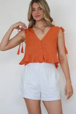 Ashtann Top - V-Neck Buttoned Down Top with Peplum Hem in Orange><noscript><img width=