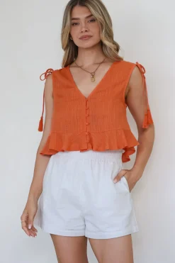 Ashtann Top - V-Neck Buttoned Down Top with Peplum Hem in Orange><noscript><img width=