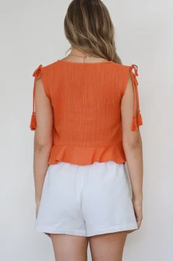 Ashtann Top - V-Neck Buttoned Down Top with Peplum Hem in Orange><noscript><img width=