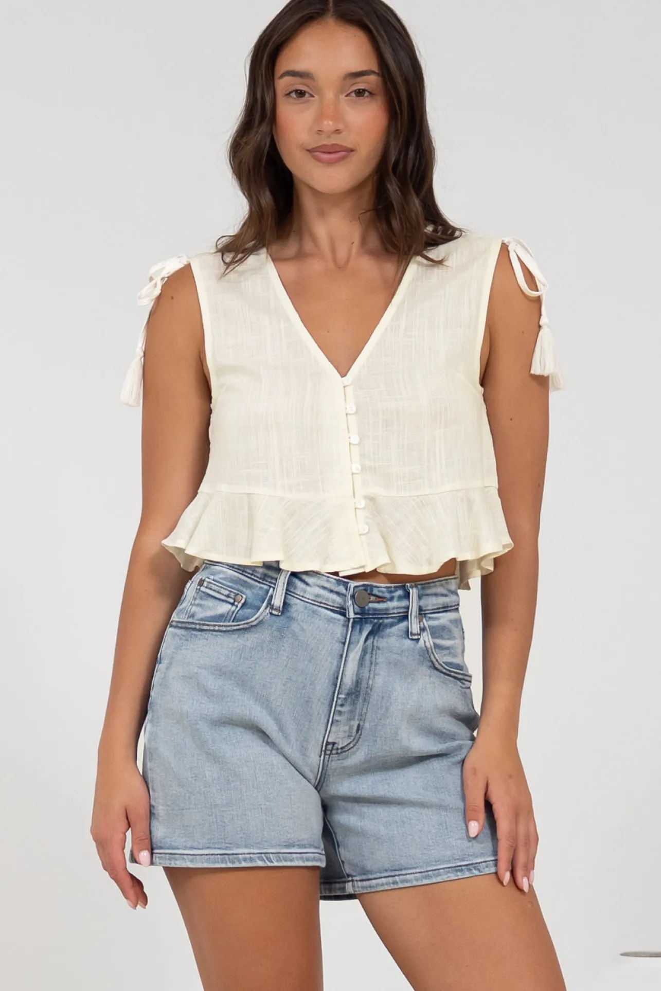 Ashtann Top - V-Neck Buttoned Down Top with Peplum Hem in White>Salty Crush Online