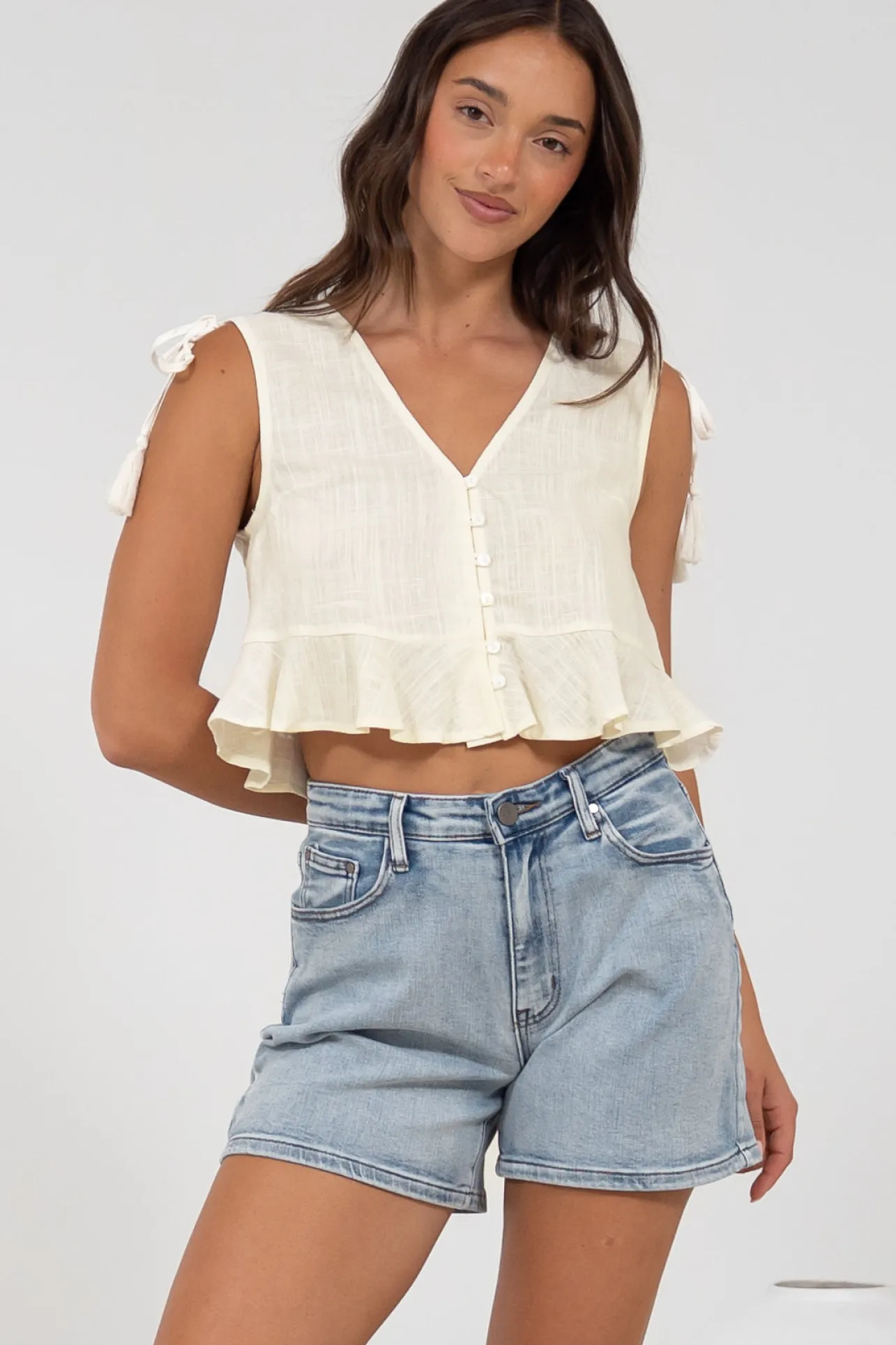 Ashtann Top - V-Neck Buttoned Down Top with Peplum Hem in White>Salty Crush Online