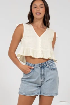 Ashtann Top - V-Neck Buttoned Down Top with Peplum Hem in White><noscript><img width=