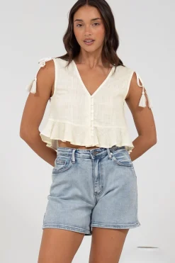 Ashtann Top - V-Neck Buttoned Down Top with Peplum Hem in White><noscript><img width=