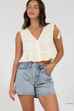 Ashtann Top - V-Neck Buttoned Down Top with Peplum Hem in White><noscript><img width=
