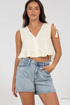 Ashtann Top - V-Neck Buttoned Down Top with Peplum Hem in White><noscript><img width=