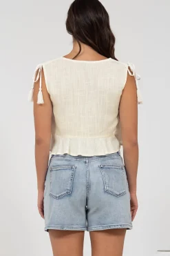 Ashtann Top - V-Neck Buttoned Down Top with Peplum Hem in White><noscript><img width=