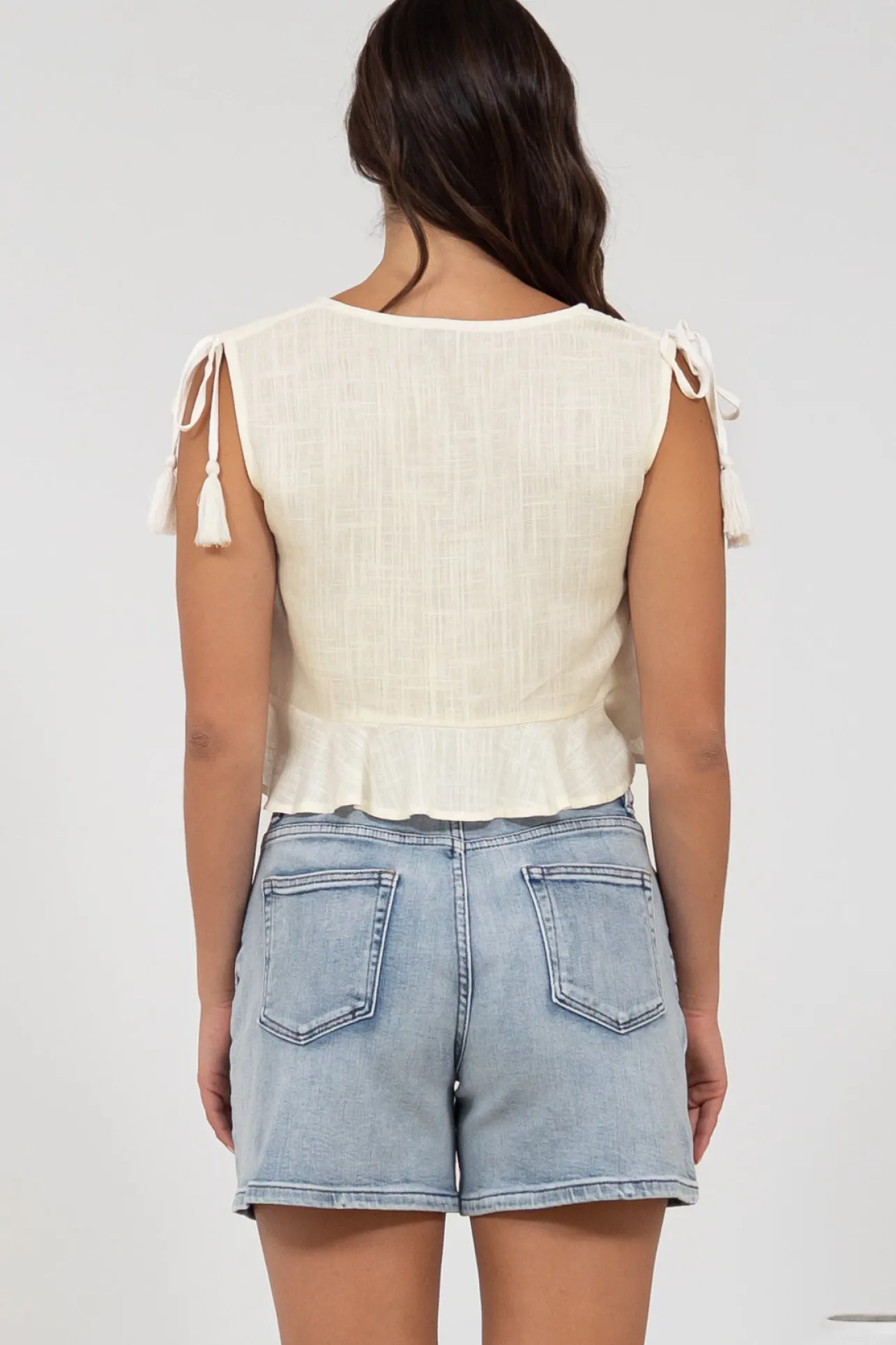Ashtann Top - V-Neck Buttoned Down Top with Peplum Hem in White>Salty Crush Online