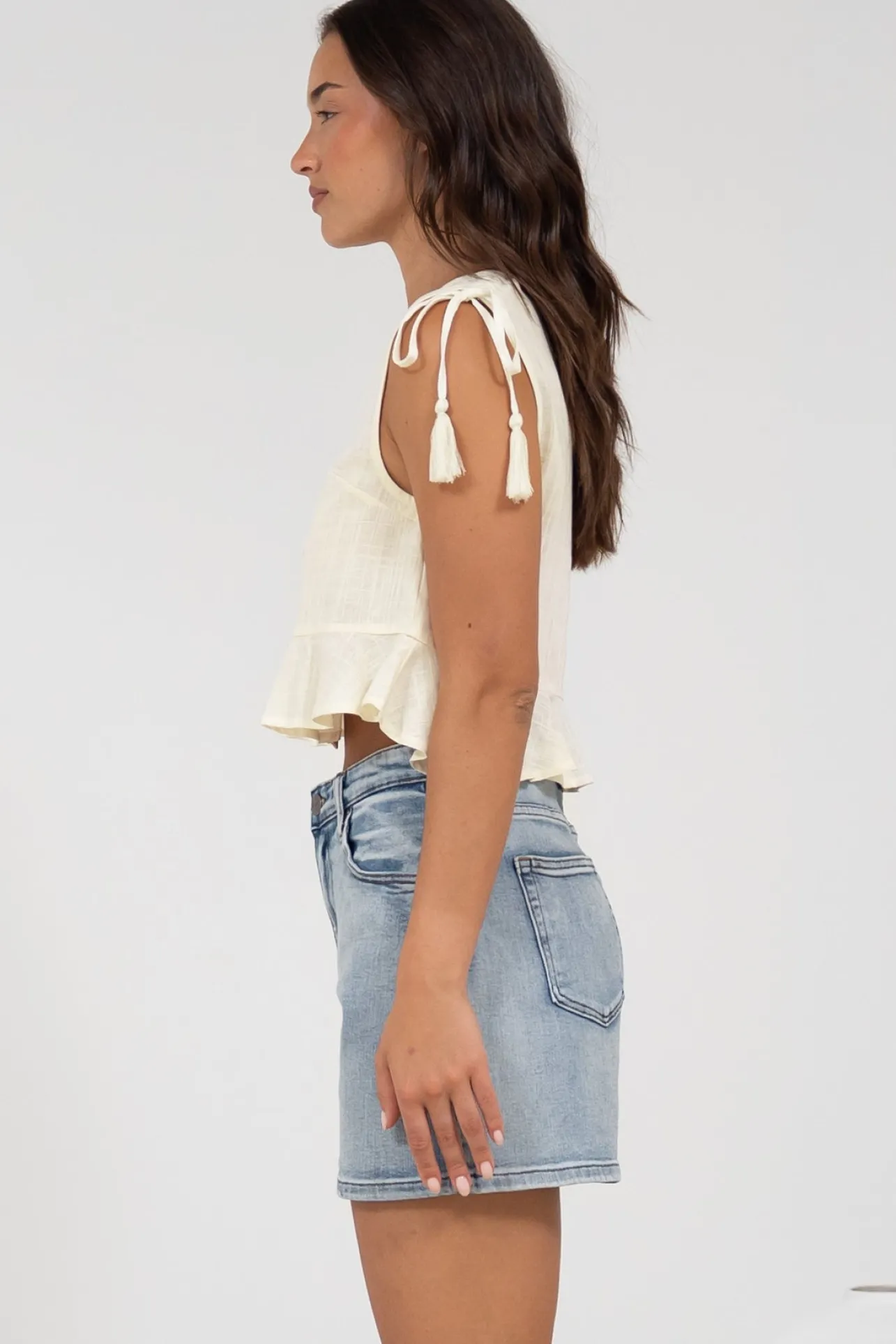 Ashtann Top - V-Neck Buttoned Down Top with Peplum Hem in White>Salty Crush Online