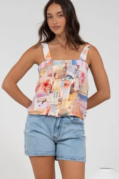 Aspa Top - Thick Adjustable Strap Button Front Crop in Ailani Print>Salty Crush New