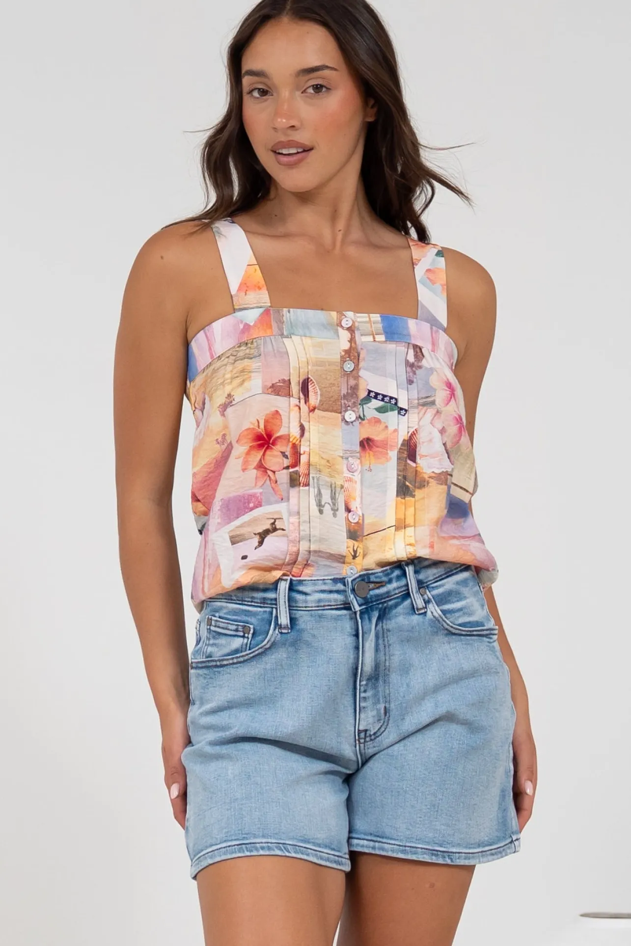 Aspa Top - Thick Adjustable Strap Button Front Crop in Ailani Print>Salty Crush New