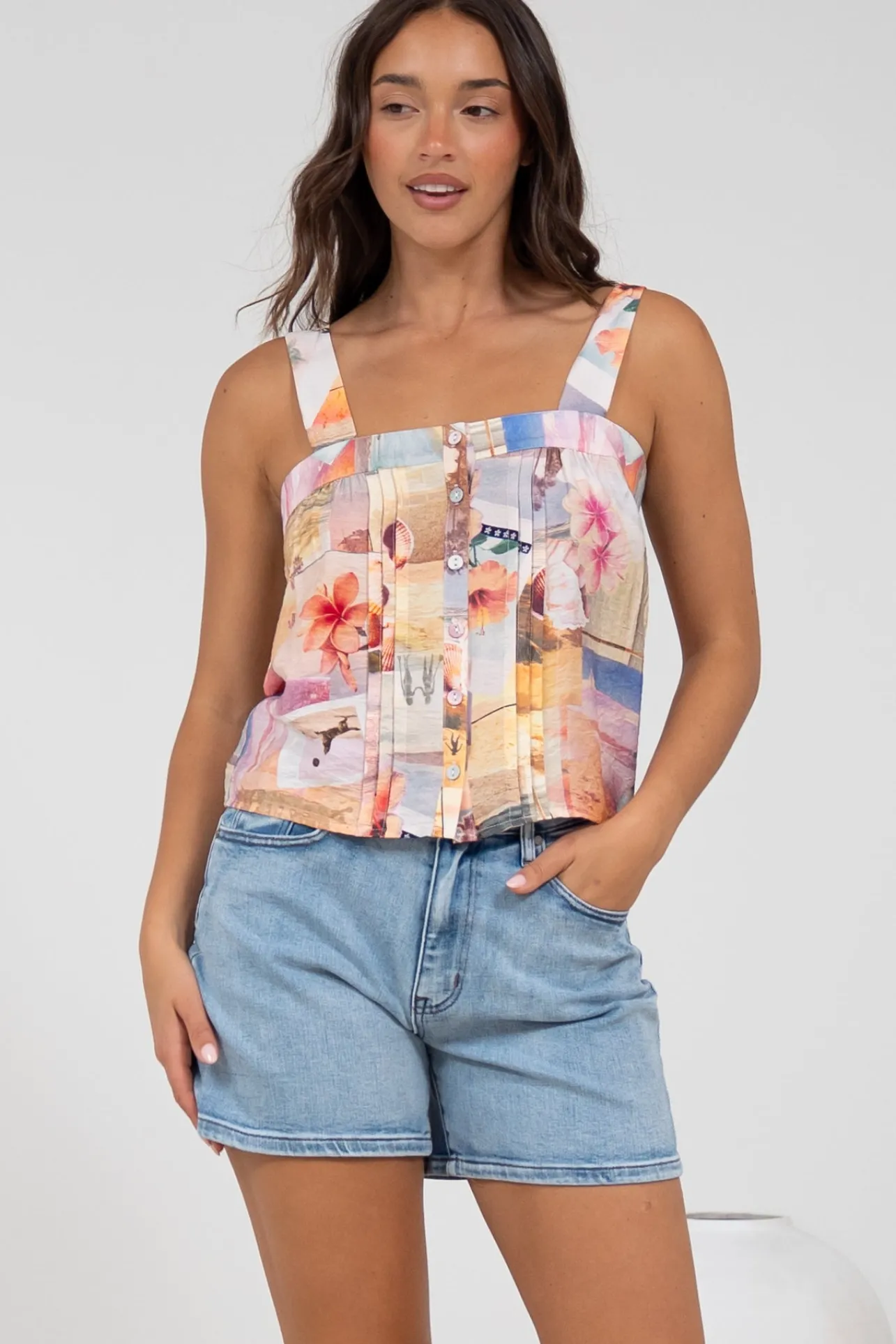 Aspa Top - Thick Adjustable Strap Button Front Crop in Ailani Print>Salty Crush New