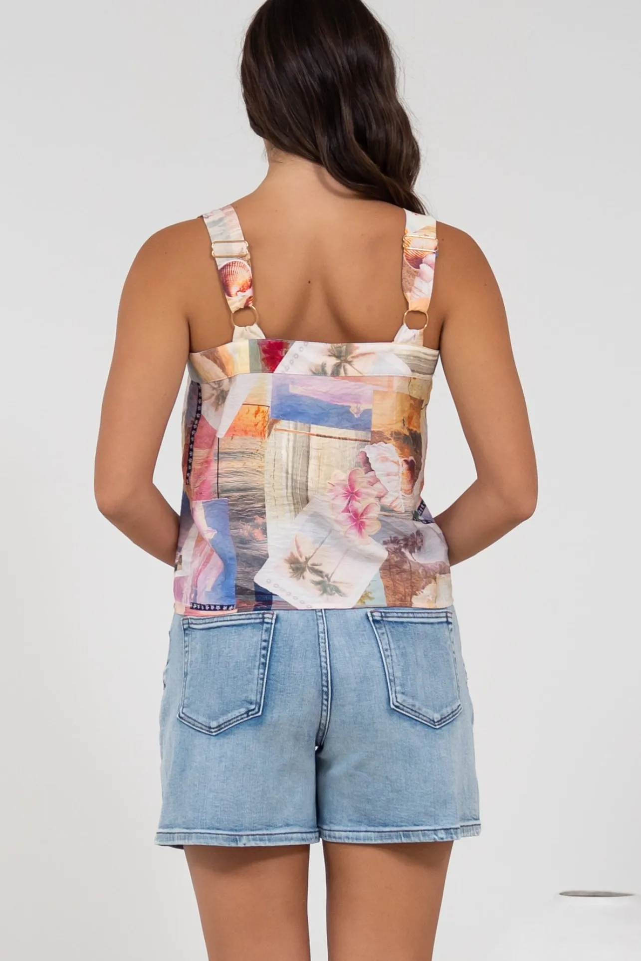 Aspa Top - Thick Adjustable Strap Button Front Crop in Ailani Print>Salty Crush New
