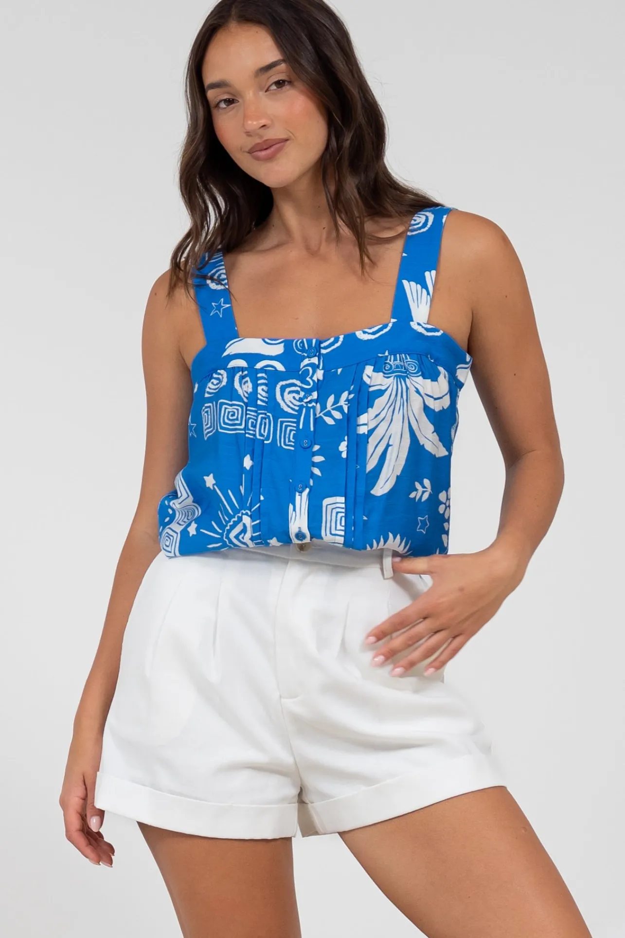 Aspa Top - Thick Adjustable Strap Button Front Crop in Aurie Print>Salty Crush Discount