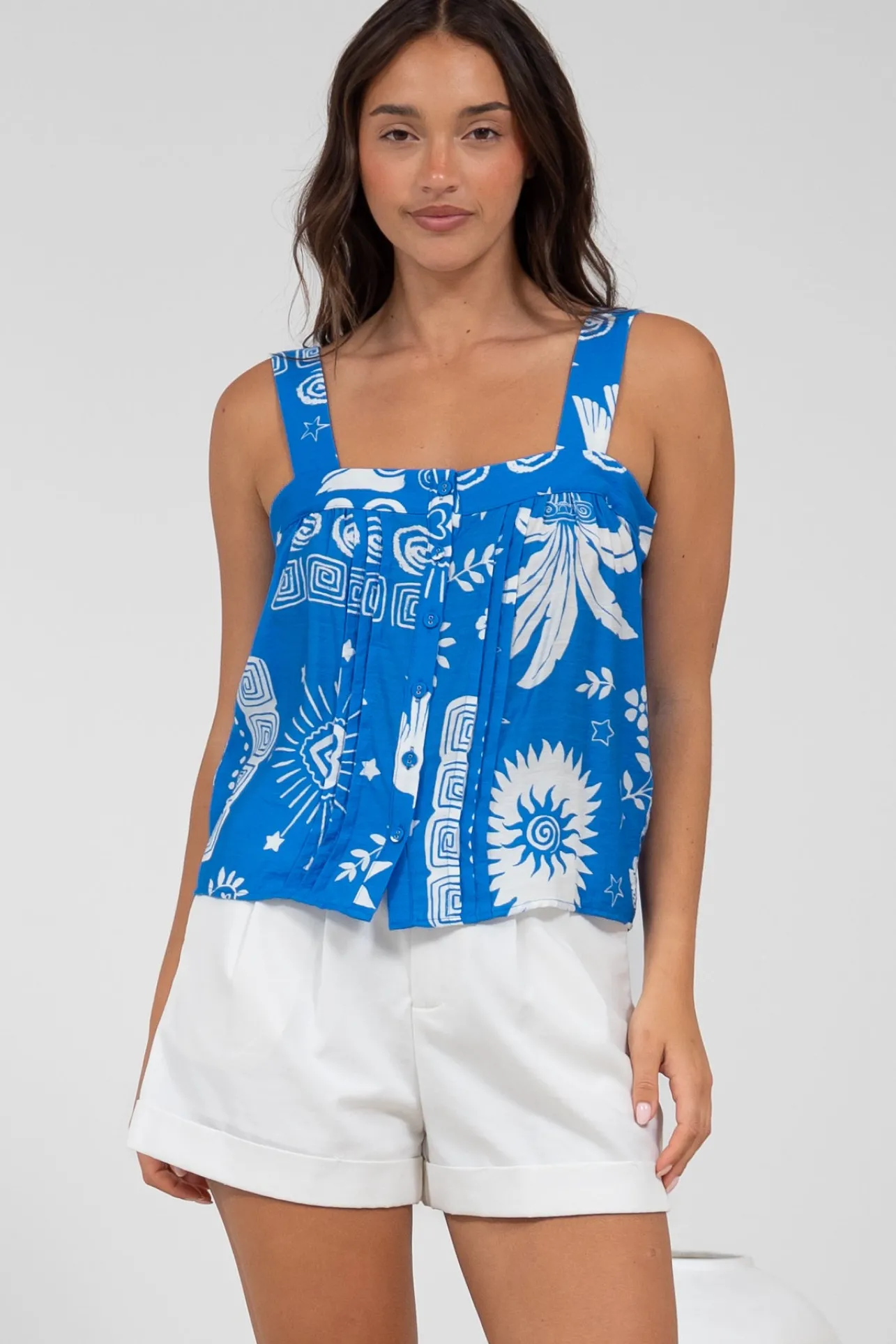 Aspa Top - Thick Adjustable Strap Button Front Crop in Aurie Print>Salty Crush Discount