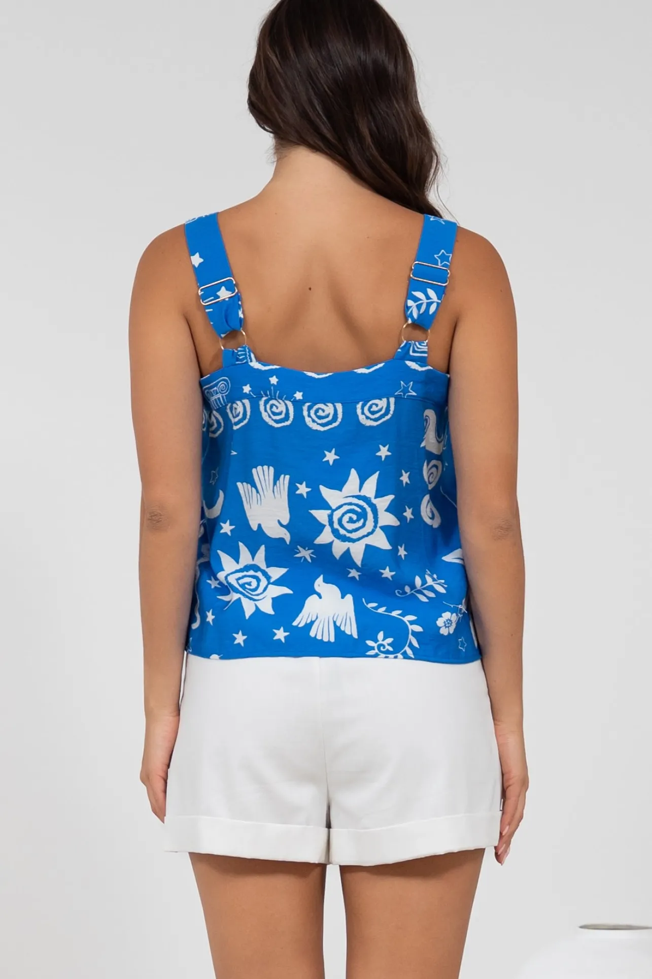 Aspa Top - Thick Adjustable Strap Button Front Crop in Aurie Print>Salty Crush Discount