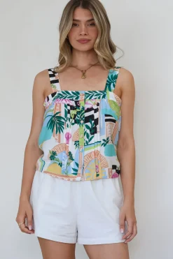 Aspa Top - Thick Adjustable Strap Button Front Crop in Melora Print>Salty Crush Online