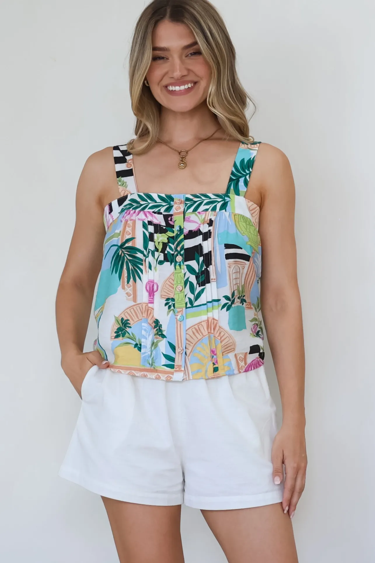 Aspa Top - Thick Adjustable Strap Button Front Crop in Melora Print>Salty Crush Online