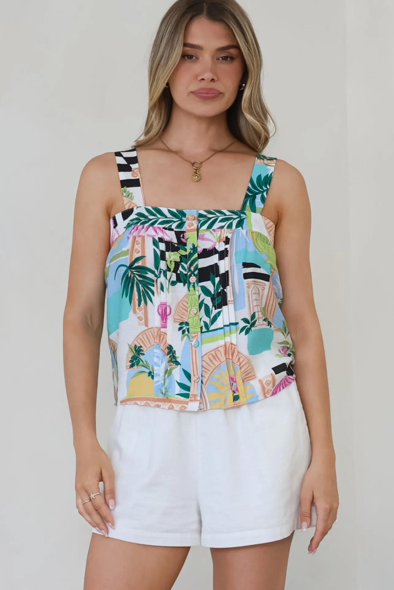 Aspa Top - Thick Adjustable Strap Button Front Crop in Melora Print>Salty Crush Online