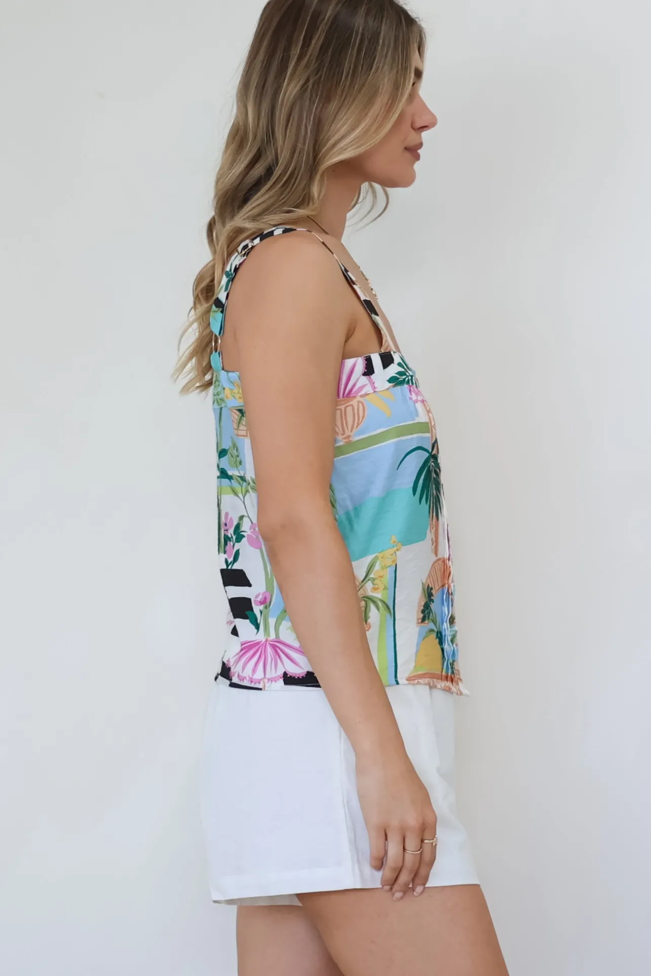 Aspa Top - Thick Adjustable Strap Button Front Crop in Melora Print>Salty Crush Online