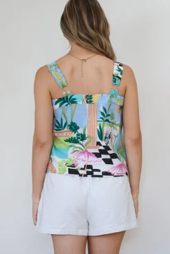 Aspa Top - Thick Adjustable Strap Button Front Crop in Melora Print><noscript><img width=