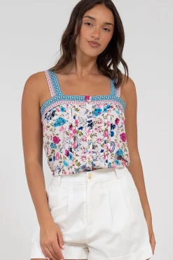 Aspa Top - Thick Adjustable Strap Button Front Crop in Gardner Print>Salty Crush Sale