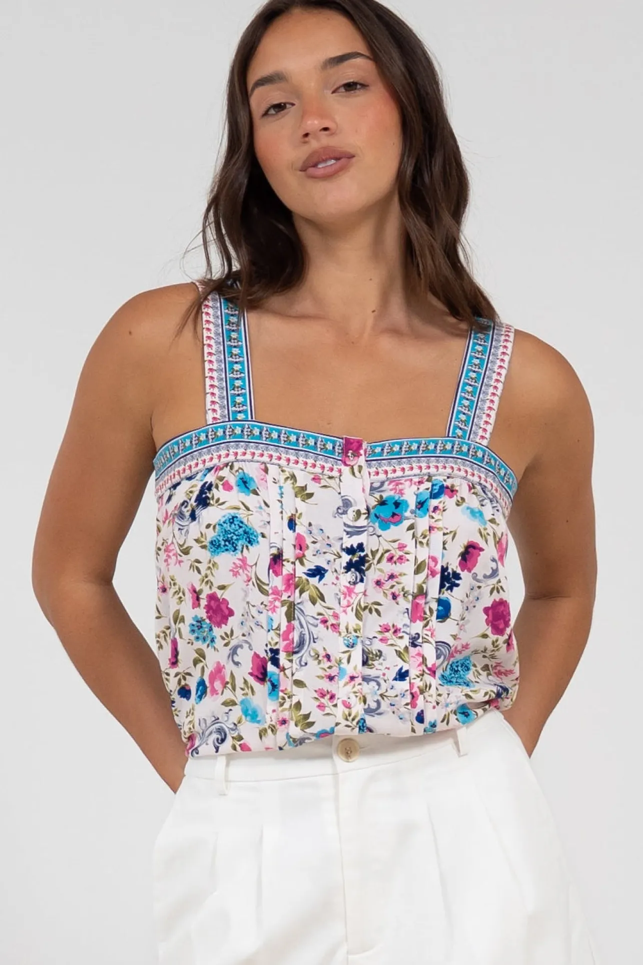 Aspa Top - Thick Adjustable Strap Button Front Crop in Gardner Print>Salty Crush Sale