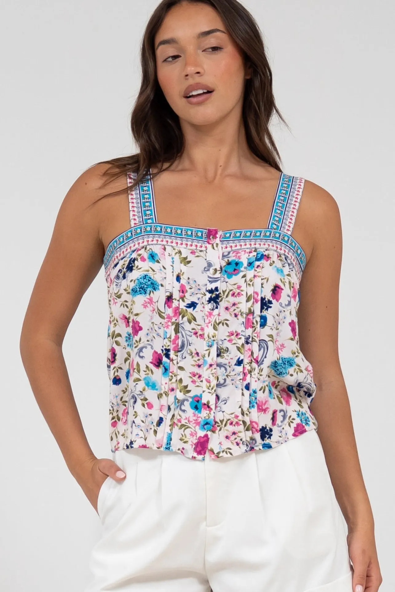 Aspa Top - Thick Adjustable Strap Button Front Crop in Gardner Print>Salty Crush Sale