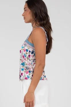 Aspa Top - Thick Adjustable Strap Button Front Crop in Gardner Print><noscript><img width=