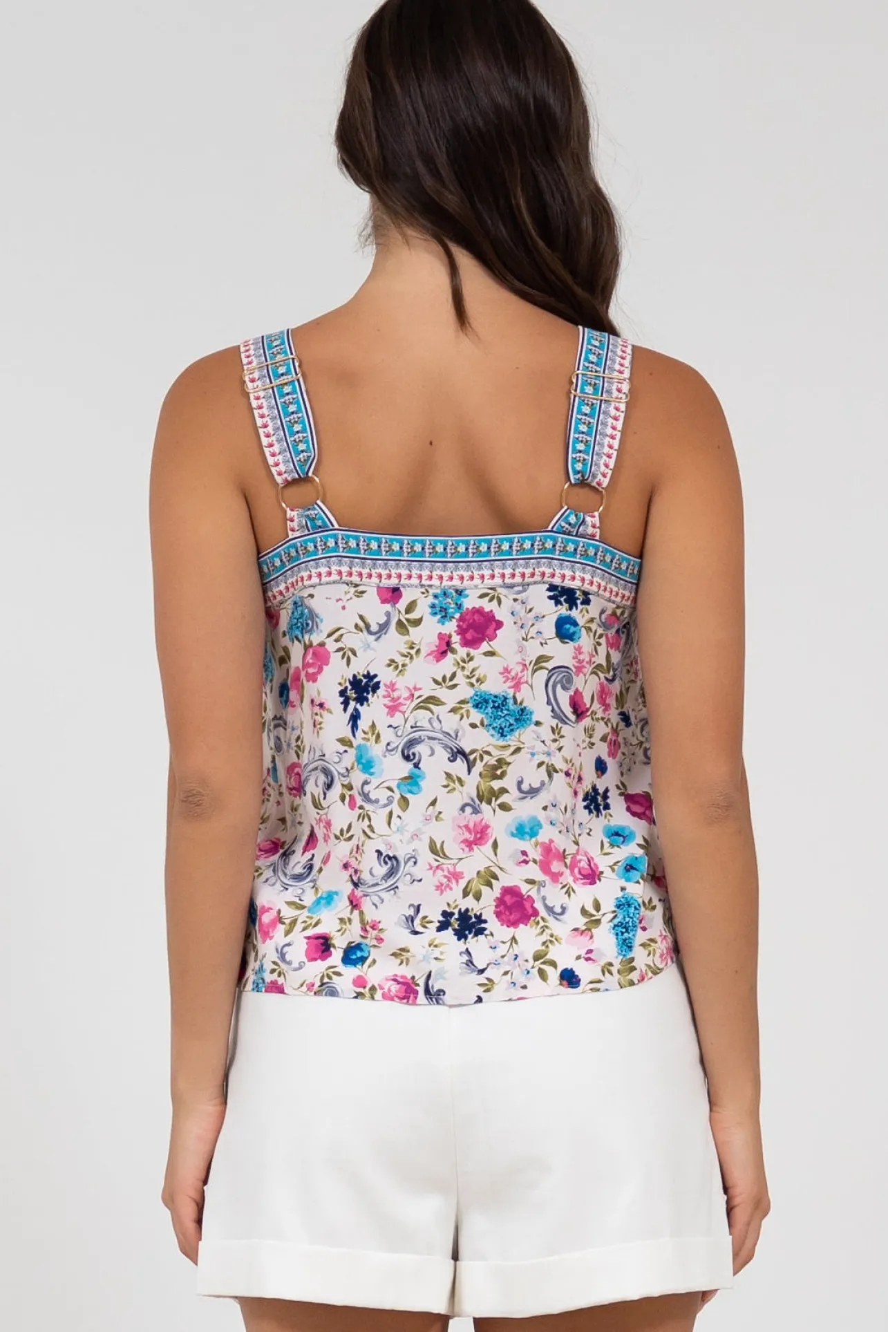 Aspa Top - Thick Adjustable Strap Button Front Crop in Gardner Print>Salty Crush Sale