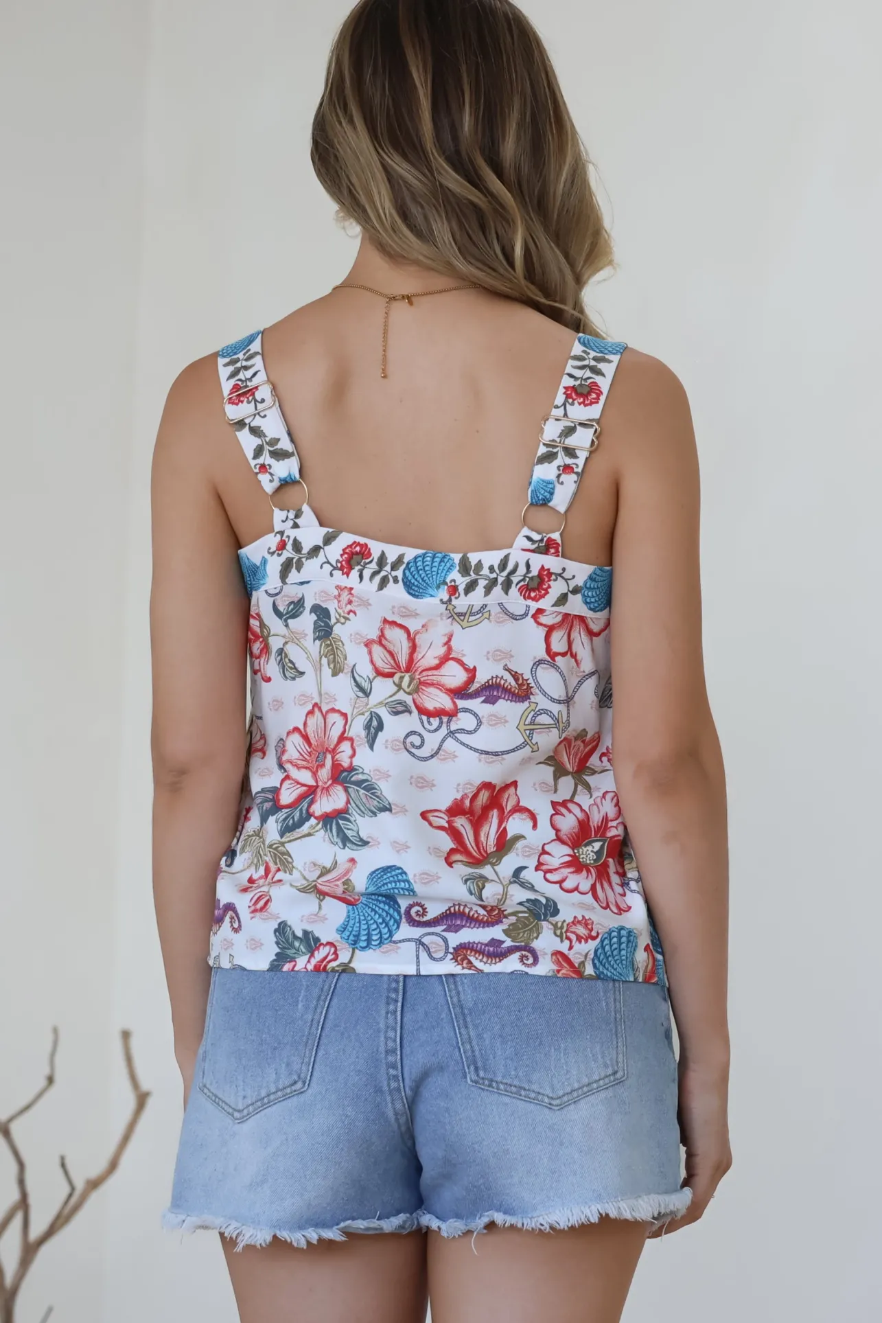 Aspa Top - Thick Adjustable Strap Button Front Crop in Safia Print>Salty Crush Discount