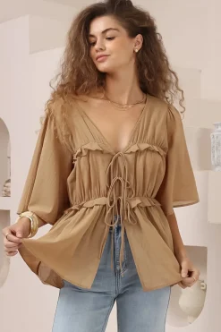 Aspen Top - Cotton Front Tie Up Top with Frill Splicing in Camel>Salty Crush Clearance