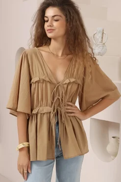 Aspen Top - Cotton Front Tie Up Top with Frill Splicing in Camel>Salty Crush Clearance
