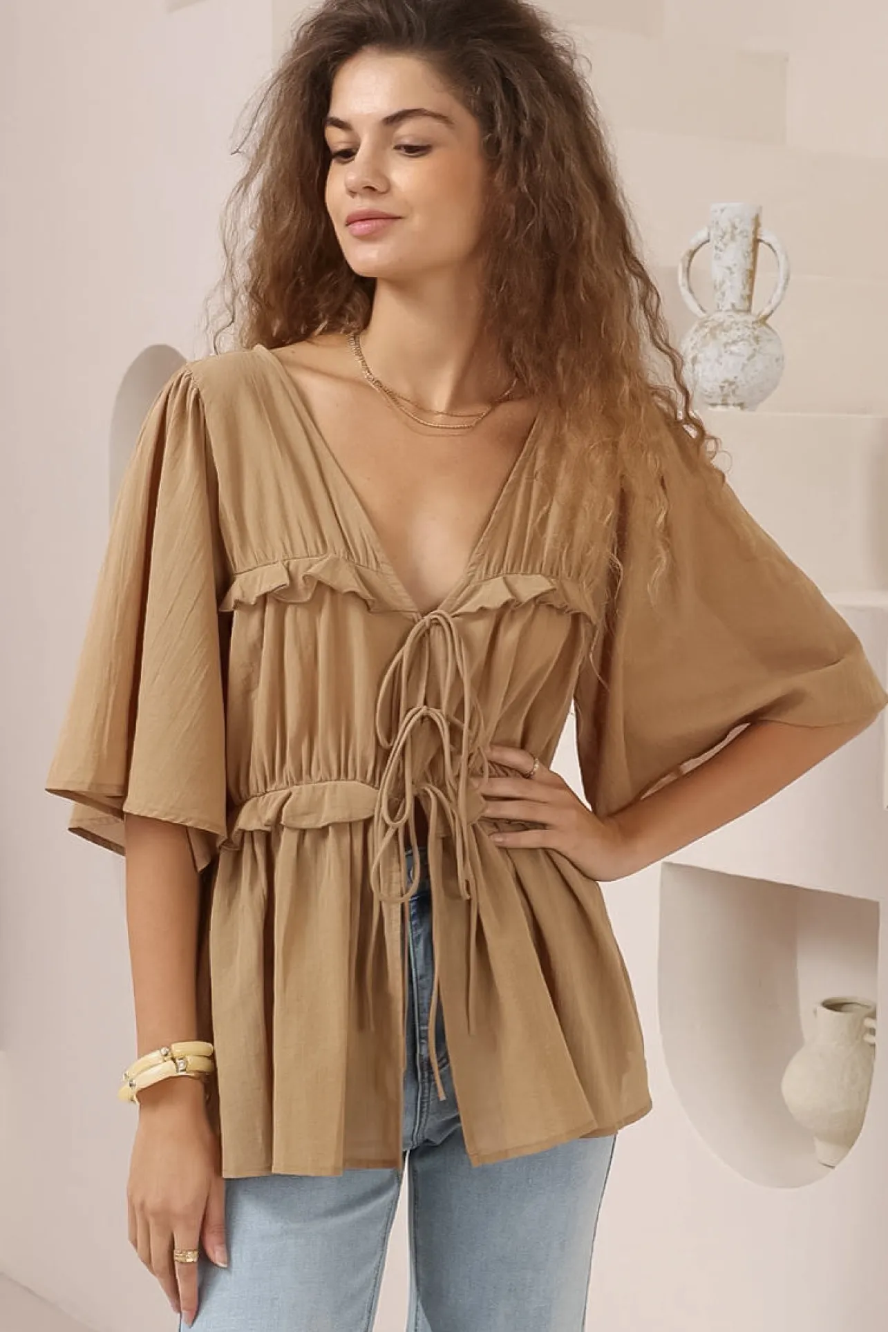 Aspen Top - Cotton Front Tie Up Top with Frill Splicing in Camel>Salty Crush Clearance