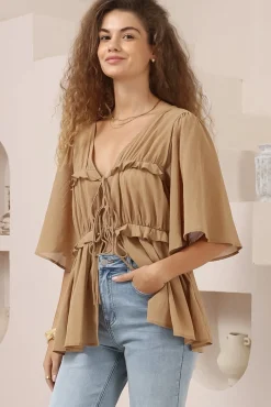 Aspen Top - Cotton Front Tie Up Top with Frill Splicing in Camel><noscript><img width=