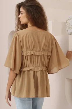 Aspen Top - Cotton Front Tie Up Top with Frill Splicing in Camel><noscript><img width=