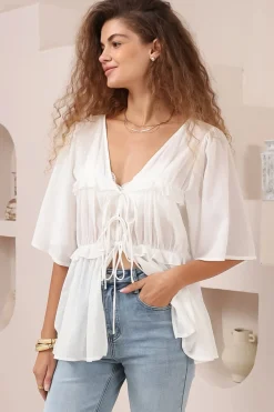 Aspen Top - Cotton Front Tie Up Top with Frill Splicing in White><noscript><img width=